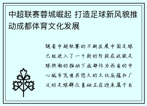 中超联赛蓉城崛起 打造足球新风貌推动成都体育文化发展