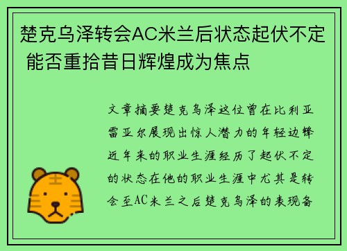 楚克乌泽转会AC米兰后状态起伏不定 能否重拾昔日辉煌成为焦点