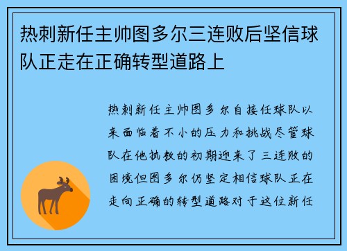 热刺新任主帅图多尔三连败后坚信球队正走在正确转型道路上 热刺新任主帅图多尔三连败后坚信球队正走在正确转型道路上