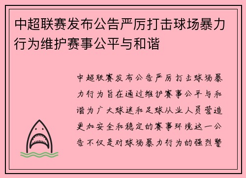 中超联赛发布公告严厉打击球场暴力行为维护赛事公平与和谐